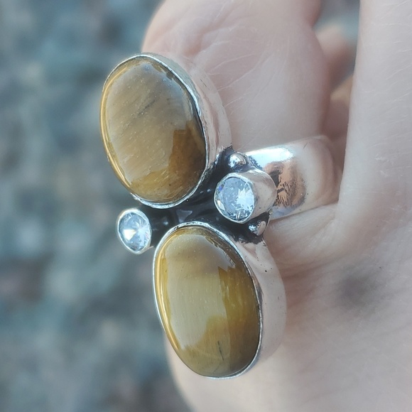 New Tiger Eye and White Topaz 925 Silver Statement Ring. - Picture 3 of 12